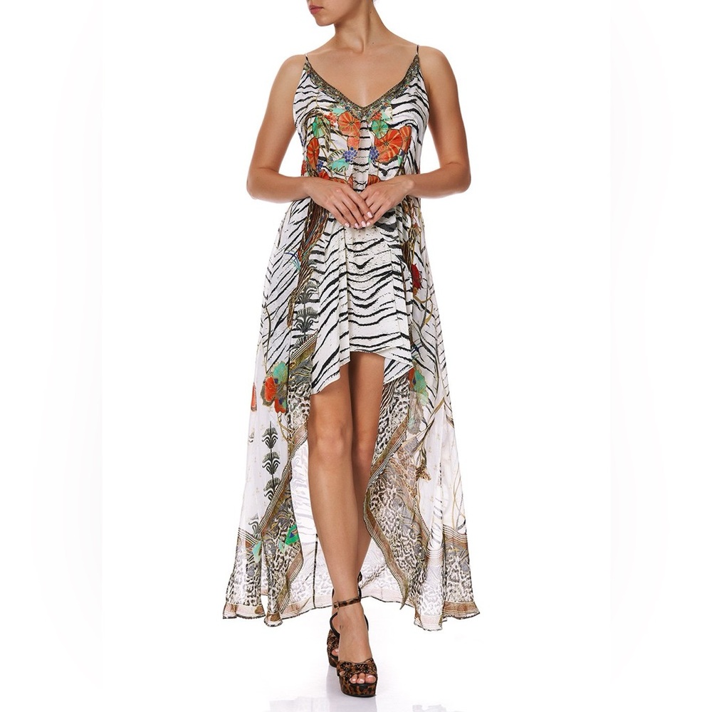 Camilla White Zebra Print High-Low Mini Dress with Orange & Green Accents
